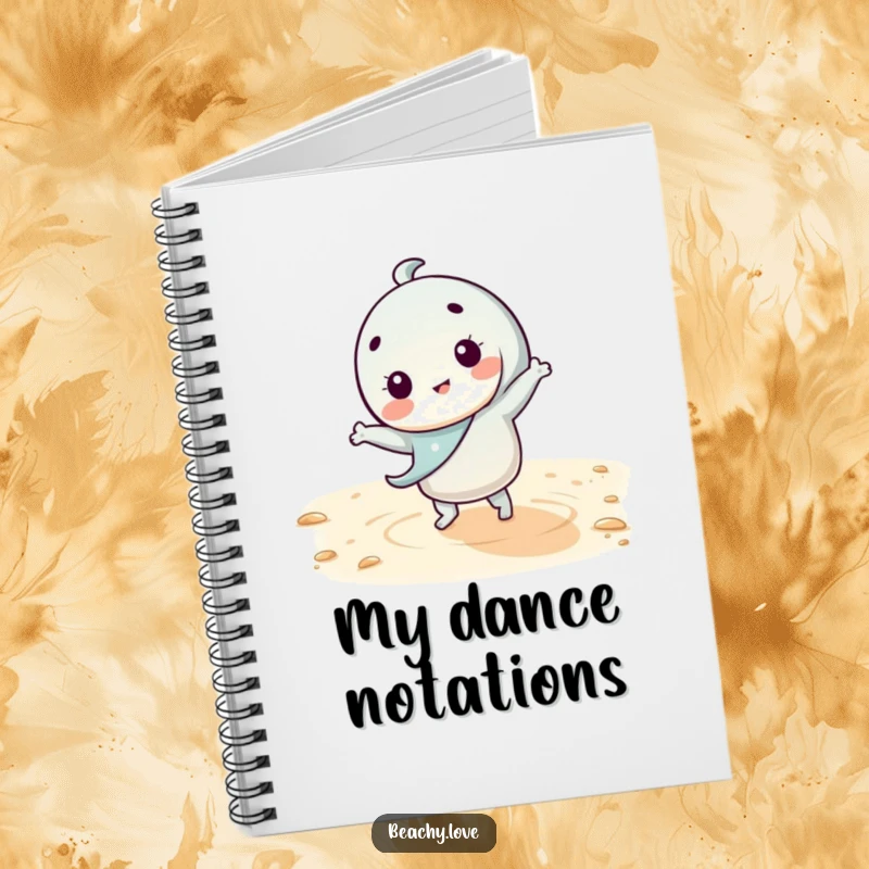 Funny kawaii character doing a silly dance on warm sand, shown on a notebook cover, perfect for jotting down creative ideas and beach memories.