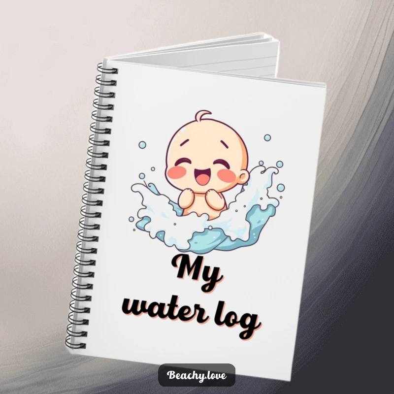 Funny notebook with a kawaii character giggling amidst splashing waves, lined pages for capturing thoughts and happy moments.