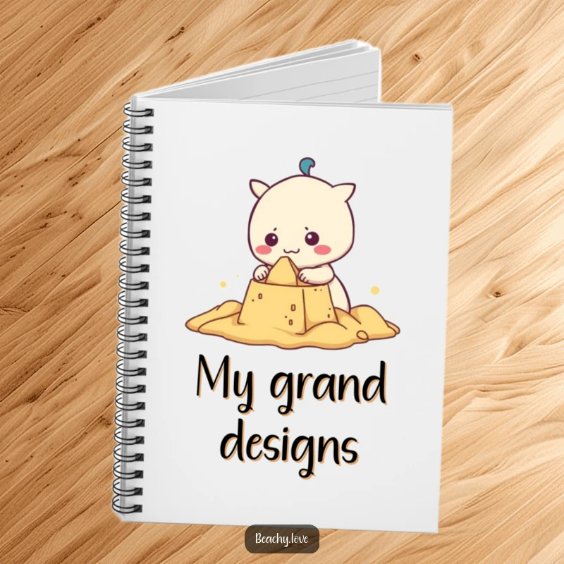 Funny kawaii character building a sandcastle, shown on a notebook cover, perfect for jotting down funny ideas and beach memories.