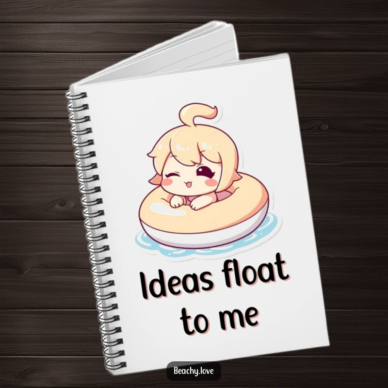 Funny notebook with a kawaii character winking while floating on an inflatable, lined pages for notes and doodles.