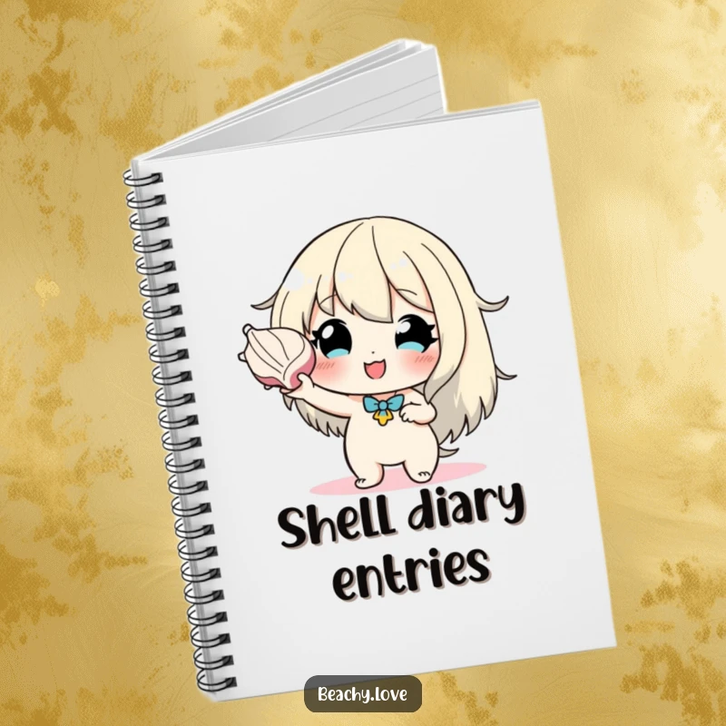 Funny notebook cover with a hopeful character holding a seashell to their ear, inspiring thoughtful writing and oceanic reflections.