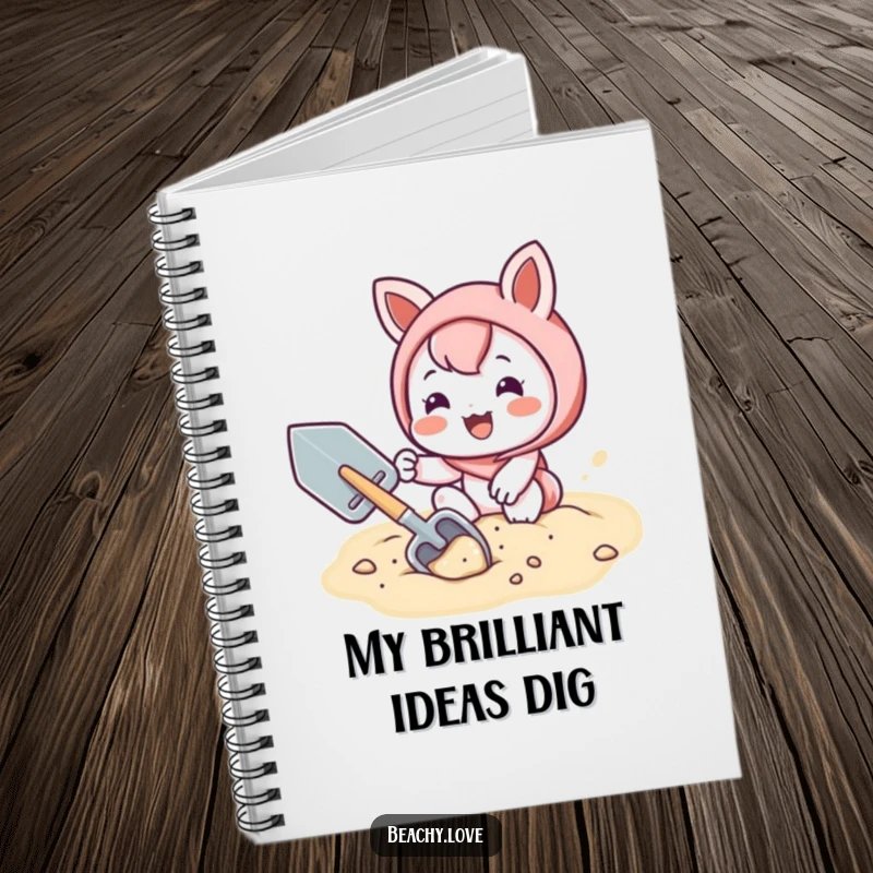 Funny notebook with a kawaii character joyfully digging in sand with a shovel, inspiring creative thoughts.