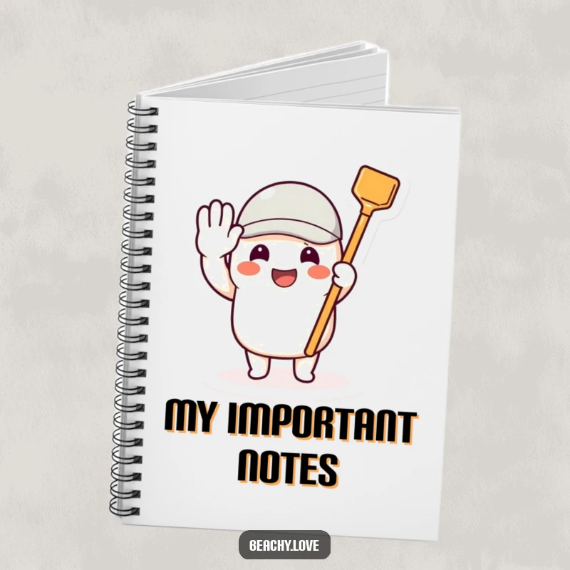 Funny notebook with a beaming character saluting with a tiny toy shovel, perfect for jotting down inspired thoughts.