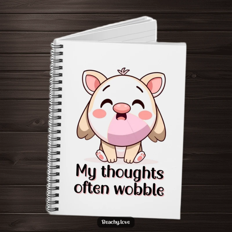 Funny notebook with a surprised kawaii character balancing a beach ball on its nose, inspiring playful ideas.