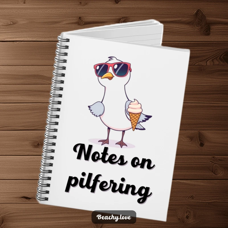 Funny notebook cover with a seagull wearing oversized sunglasses trying to steal a tiny ice cream cone. Humorous beach-themed journal. Great stationary.