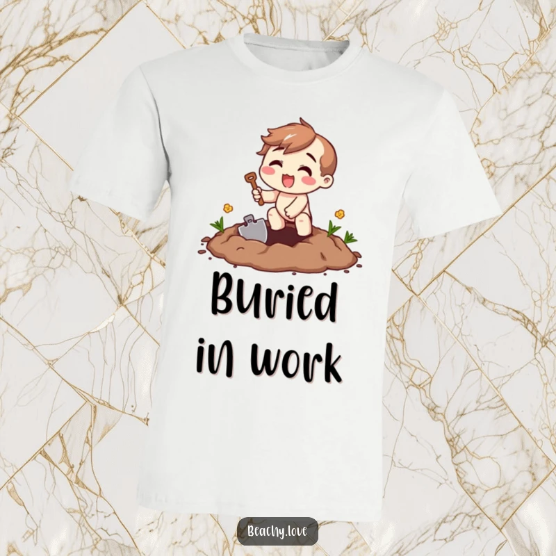 Funny digging excitement t-shirt featuring a beaming character actively digging with a small shovel, expressing pure glee.