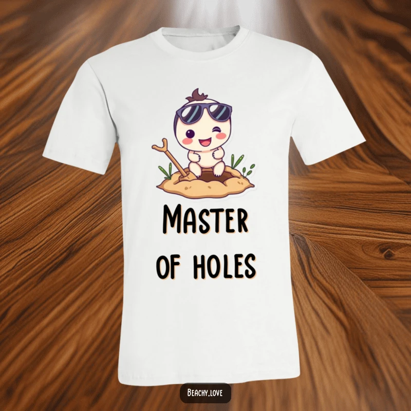 Funny T-shirt with a smiling character wearing sunglasses, enthusiastically digging a hole, showcasing dedication and humor.