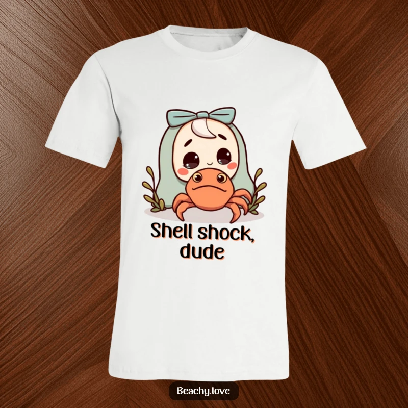 Funny t-shirt featuring a character looking shocked at a small, friendly hermit crab on the sand.