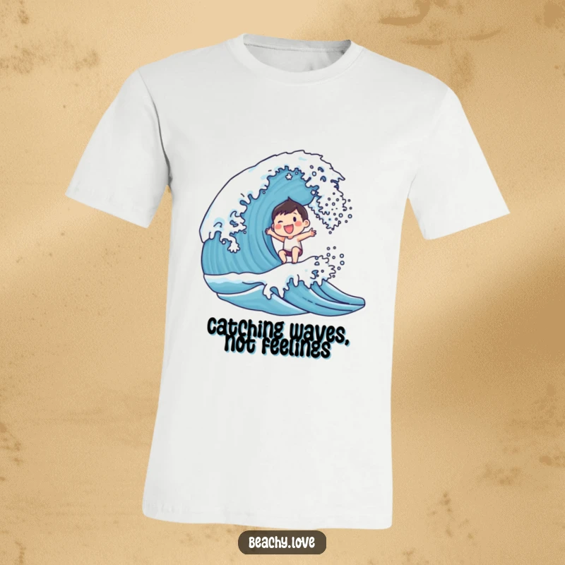 Funny T-shirt with a small, smiling character joyfully surfing a breaking ocean wave, capturing the thrill and happiness of surfing.
