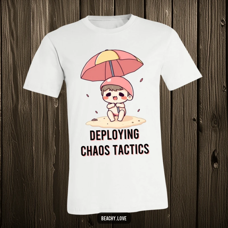 Funny t-shirt with a kawaii character comically fighting a runaway beach umbrella, wind-swept and distressed, sunny beach background.