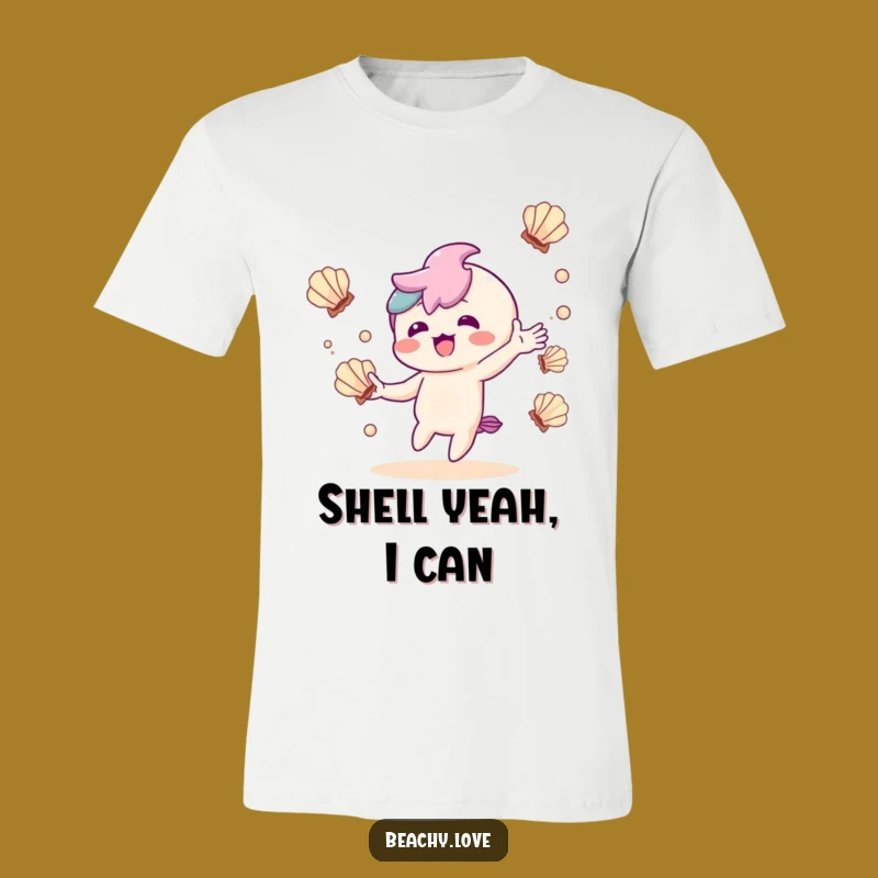 Funny Kawaii Juggler Tee: Delighted Seashell Character Shirt for a Fun Gift