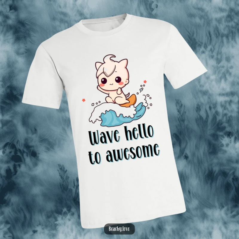 Funny t-shirt featuring a joyful kawaii character happily riding a friendly ocean wave with a wide smile.