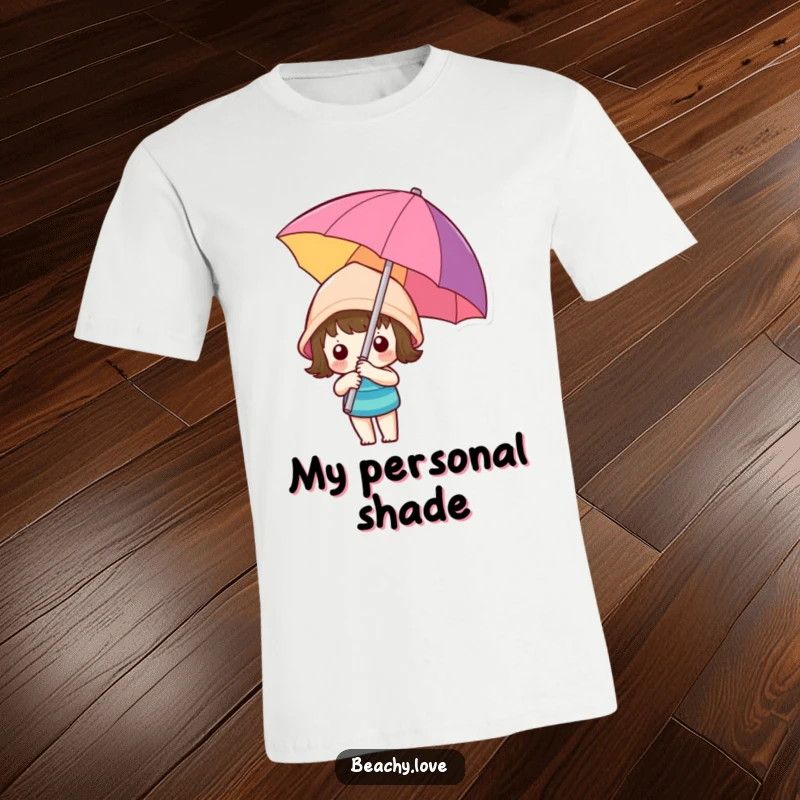 Funny kawaii character holding a vibrant beach umbrella, staying cool and stylish on a comfortable t-shirt.