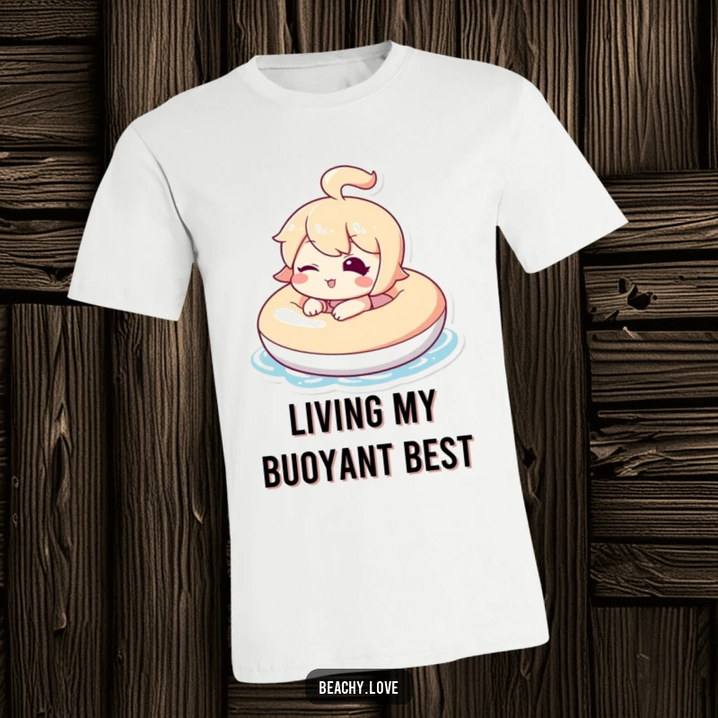 Funny t-shirt with a kawaii character giving a playful wink while floating serenely on an inflatable ring, bright summer colors.
