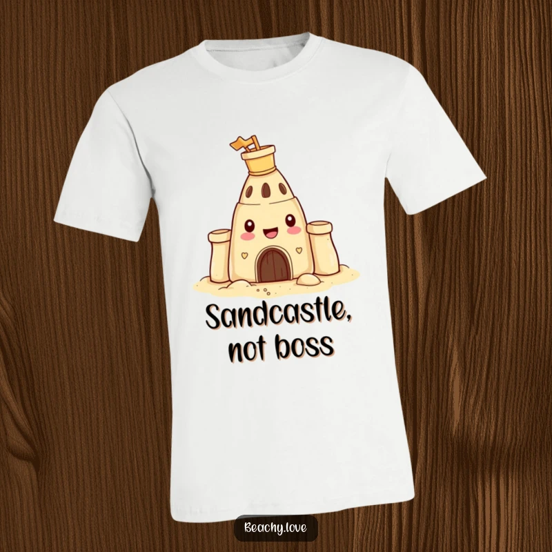 Funny t-shirt depicting a happy sandcastle with a tiny bucket and spade on its head, celebrating beach fun.