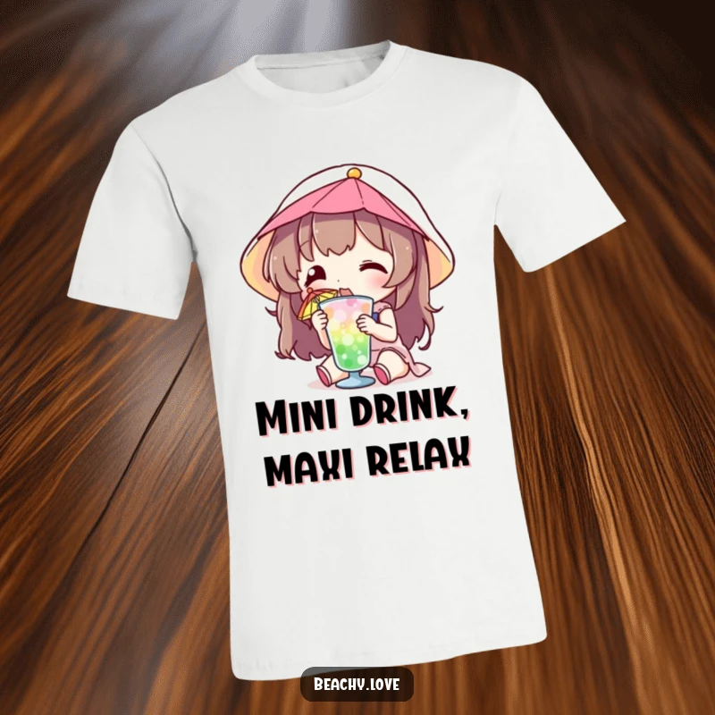 Funny t-shirt of a character joyfully sipping a tiny drink adorned with a colorful umbrella, perfect for summer vibes.