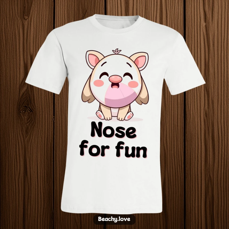 Funny t-shirt featuring a surprised kawaii character precariously balancing a beach ball on its nose, looking quite pleased.