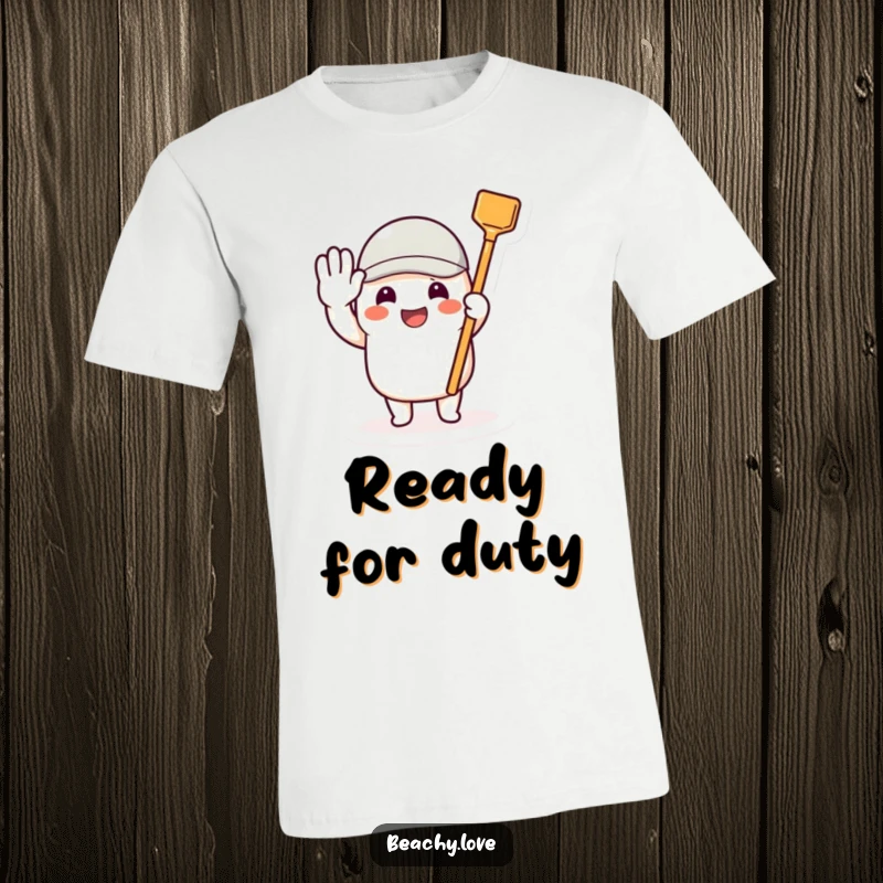 Funny t-shirt depicting a beaming character saluting with a tiny toy shovel, celebrating small but mighty efforts.