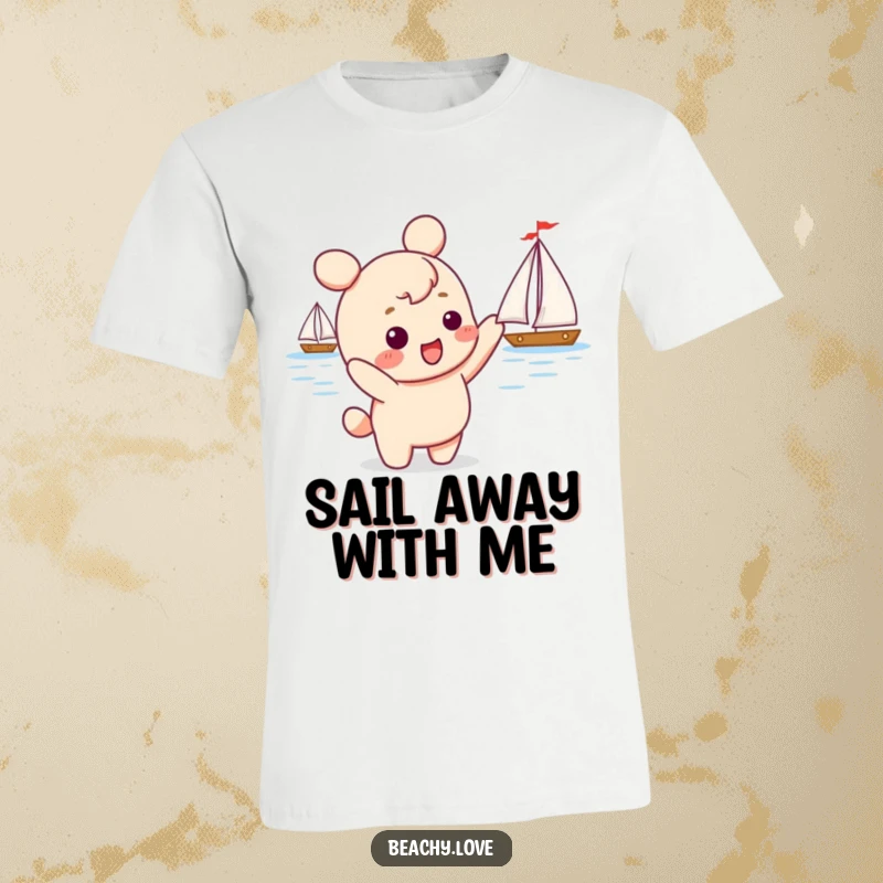 Funny kawaii character excitedly pointing at a sailboat on the horizon, depicted on a comfortable t-shirt for adventure enthusiasts.