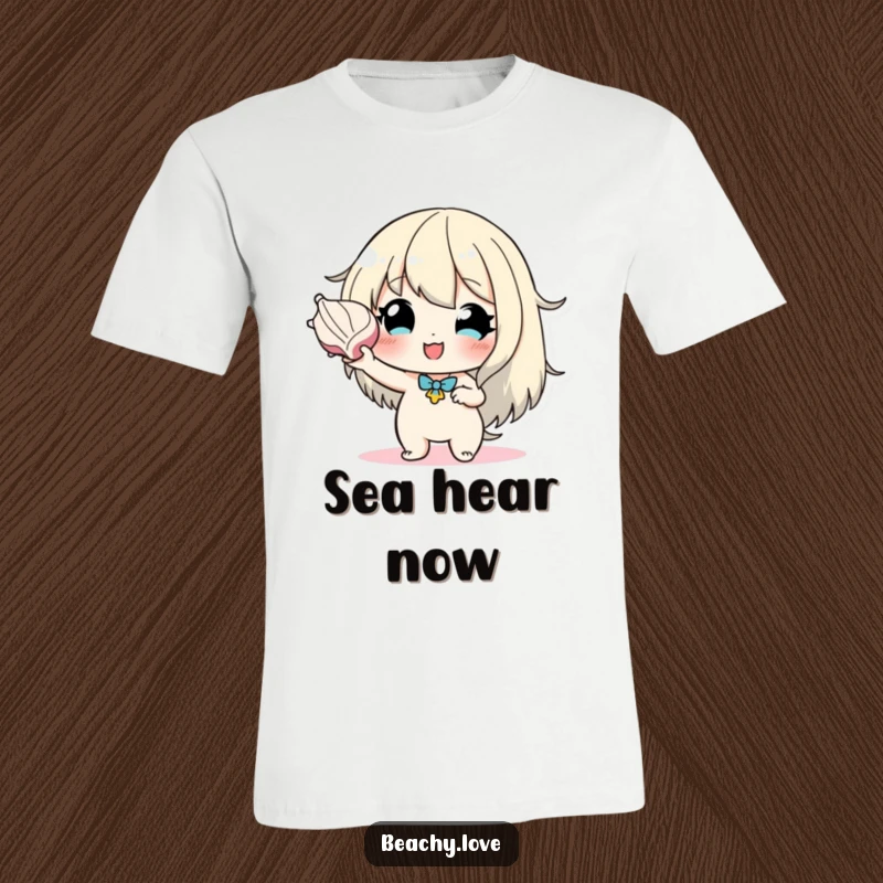 Funny t-shirt featuring a hopeful character holding a seashell to their ear, illustrating a moment of quiet contemplation and oceanic dreams.