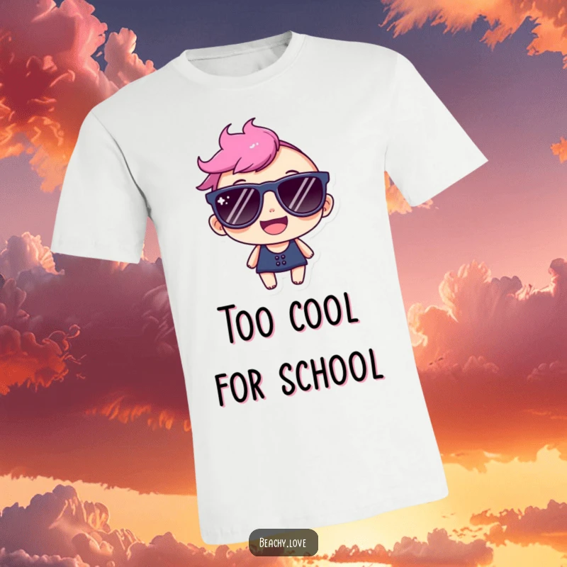 Funny t-shirt with a happy character looking effortlessly cool in oversized sunglasses, smiling broadly, radiating positivity.