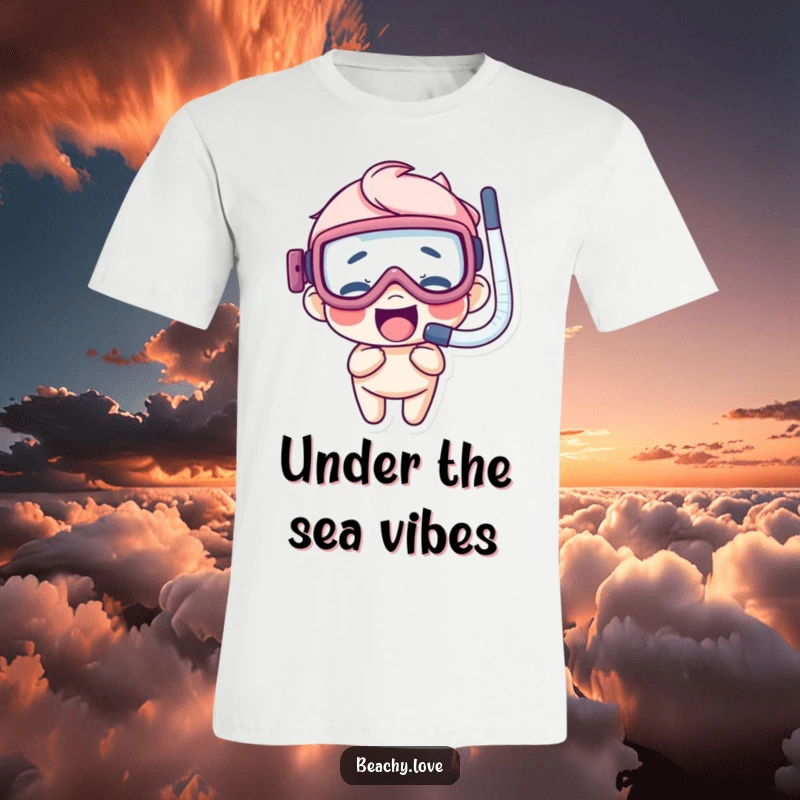 Funny t-shirt showing a giggling character wearing oversized goggles and a snorkel, ready for underwater exploration.