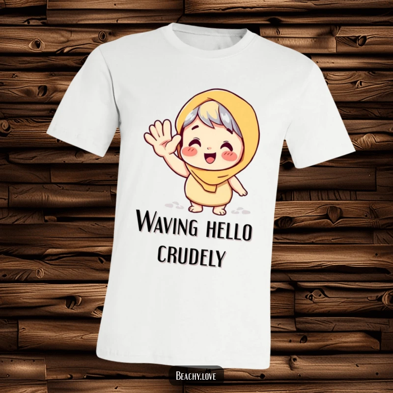 Funny t-shirt of a character giving a big, playful wave with a sandy hand, embodying beachy fun.