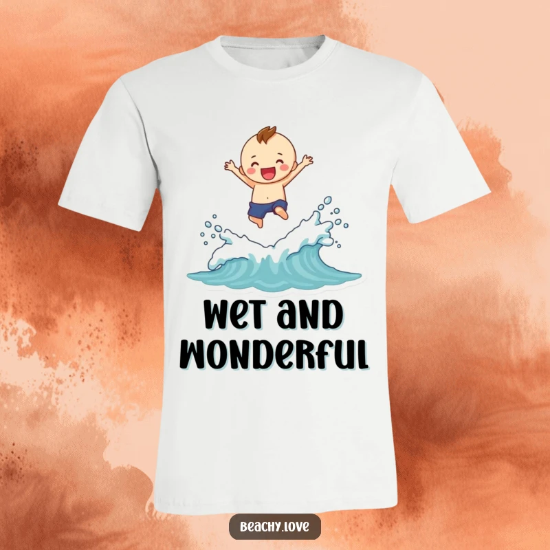 Funny t-shirt with a cheerful figure in a dynamic pose, leaping over small ocean waves, resulting in an exaggerated, delightful splash.