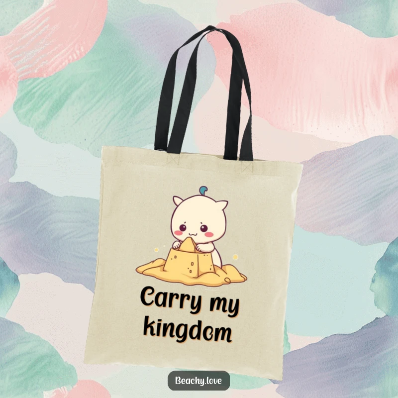 Funny kawaii character with a determined grin building a sandcastle, showcased on a stylish and practical tote bag for beach trips.