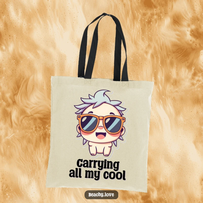 Funny tote bag with a smiling kawaii character wearing oversized sunglasses, perfect for sunny days.