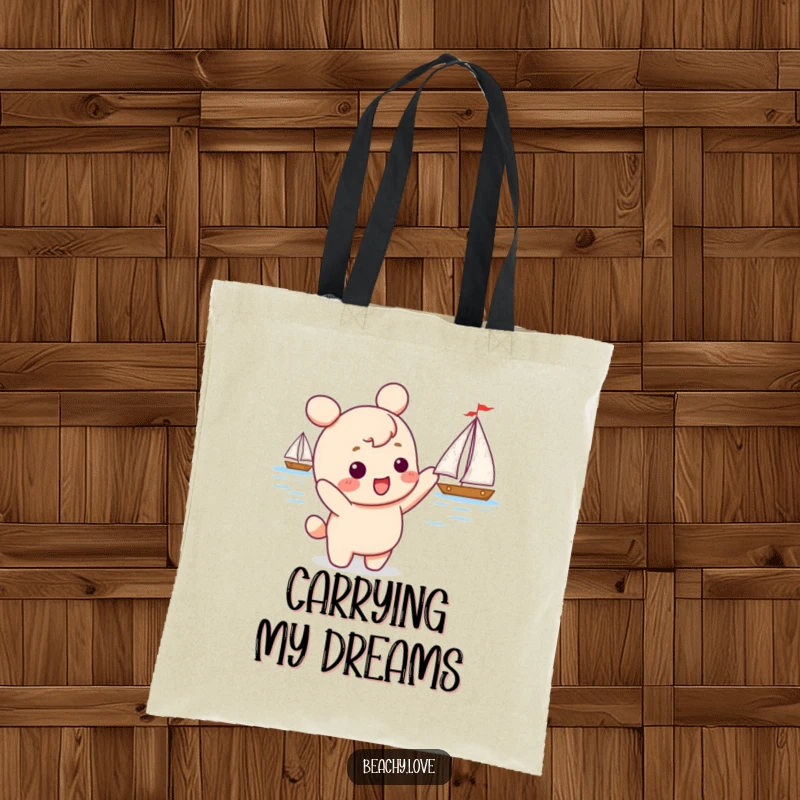 Funny kawaii character excitedly pointing at a sailboat on a durable tote bag, perfect for carrying essentials on any journey.
