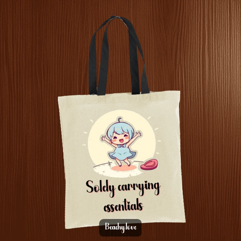 Funny tote bag featuring a cheerful character dancing around a flip-flop. Ideal for beach trips and shopping.