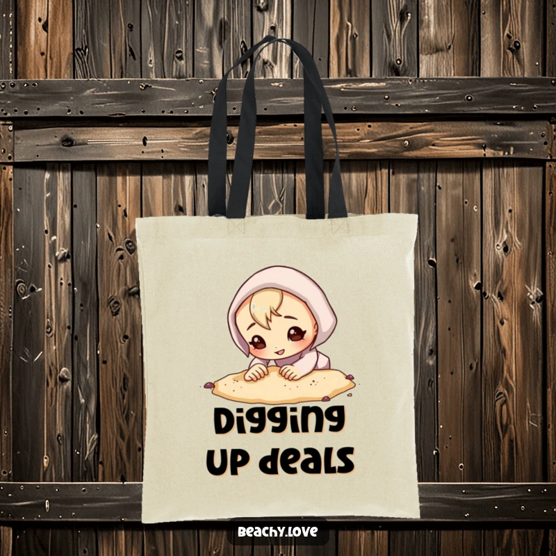 Funny tote bag with a curious character digging in the sand with a determined grin, perfect for carrying adventure gear and everyday items.