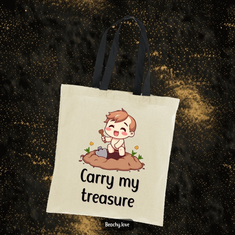 Funny digging excitement tote bag showcasing a beaming character digging with a small shovel, ideal for carrying items with enthusiasm.