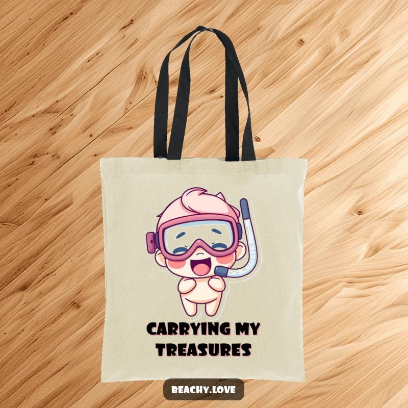 Funny tote bag with a giggling character wearing oversized goggles and a snorkel, perfect for carrying ocean treasures.