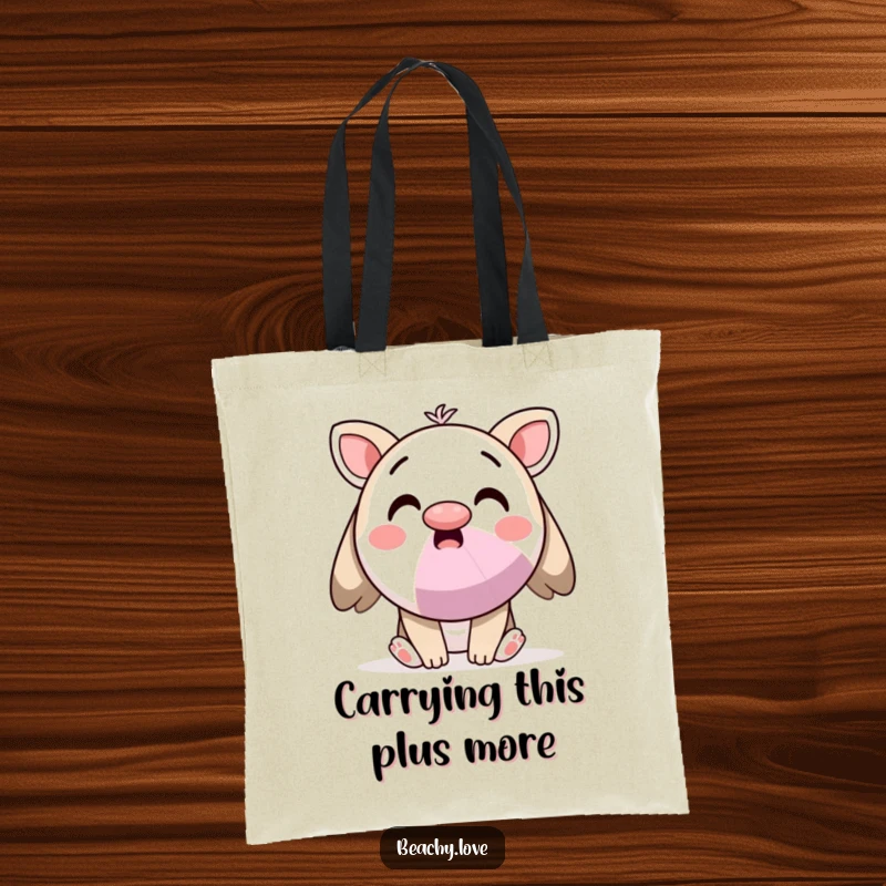 Funny tote bag with a surprised kawaii character balancing a beach ball on its nose, great for beach trips.