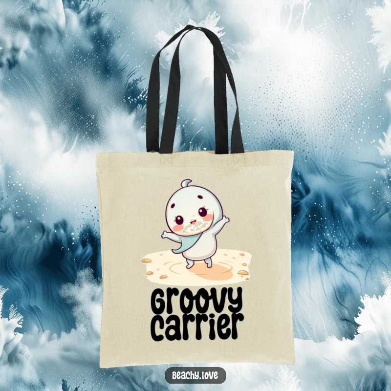 Funny kawaii character doing a silly dance on warm sand on a durable tote bag, perfect for carrying essentials and spreading joy.