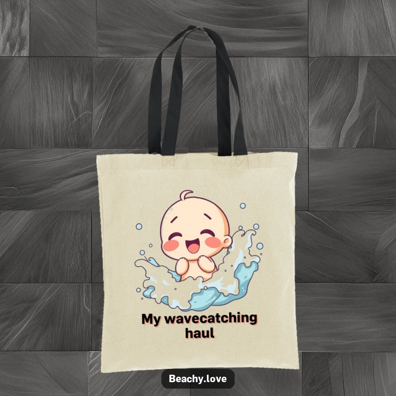 Funny tote bag with a kawaii character giggling amidst splashing waves, perfect for beach trips and carrying joy.