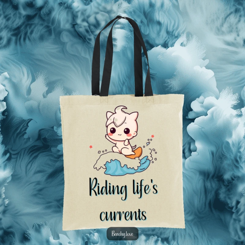 Funny tote bag with a happy kawaii character riding a friendly wave, perfect for beach lovers.