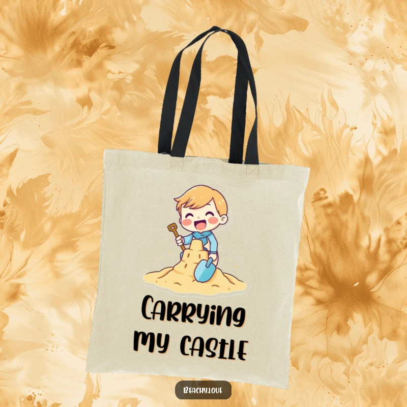Funny tote bag with a tiny character gleefully building a sandcastle with a small shovel, ideal for beach trips and carrying essentials.