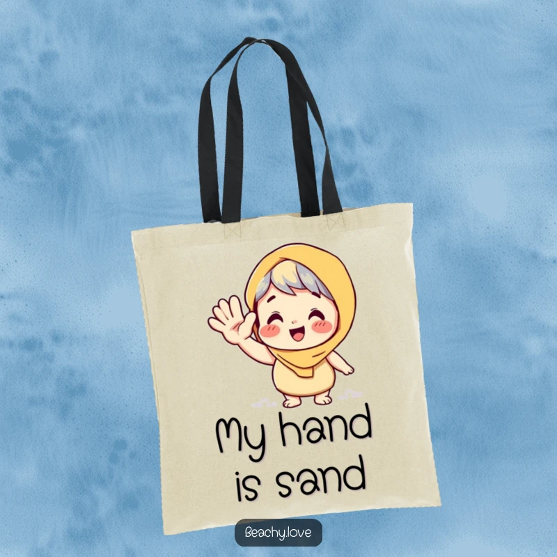 Funny tote bag showing a character giving a big, playful wave with a sandy hand, ideal for carrying humorous beach essentials.