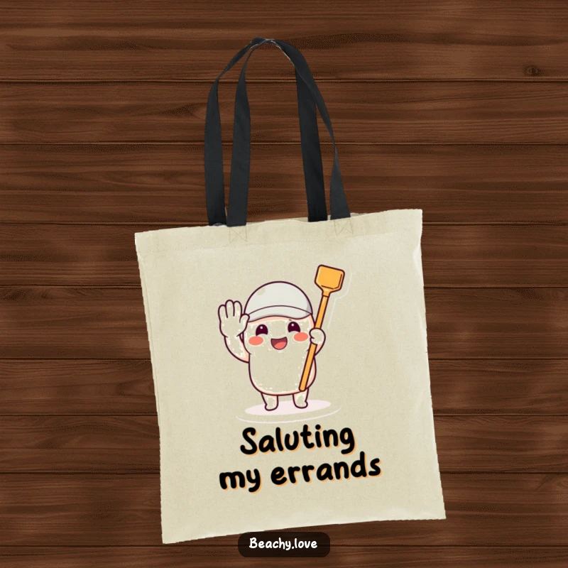 Funny tote bag with a beaming character saluting with a tiny toy shovel, perfect for carrying daily items.