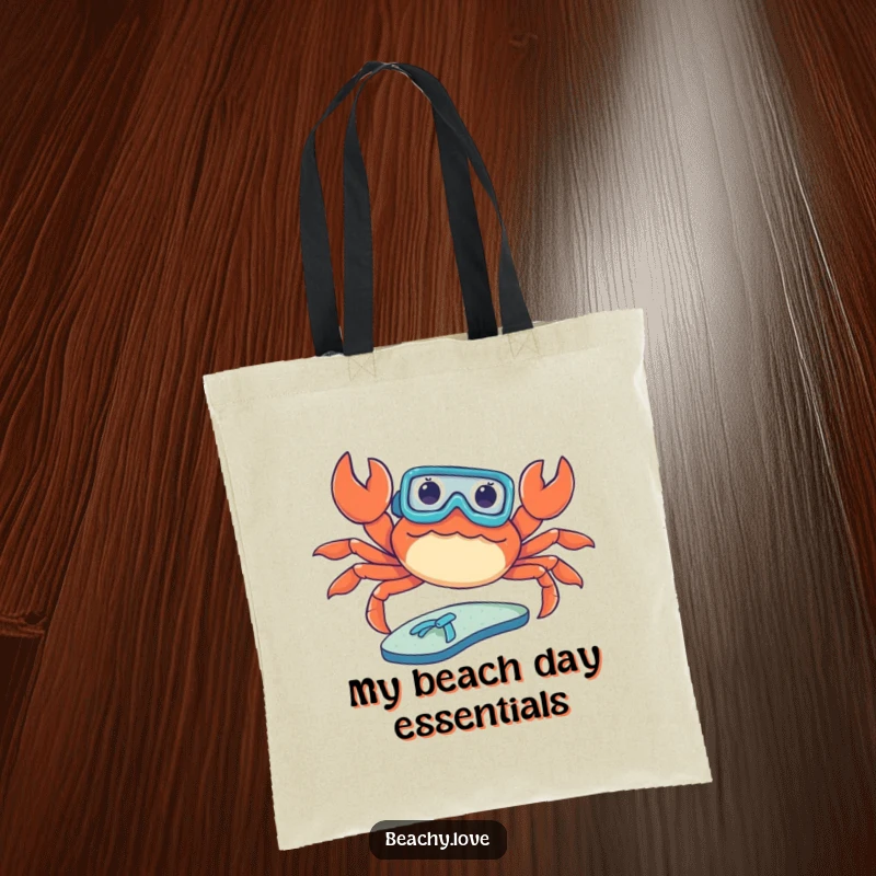 Funny tote bag depicting a crab wearing a tiny snorkel, sunbathing on a flip-flop. Humorous beach accessory for carrying essentials. Great graphic.
