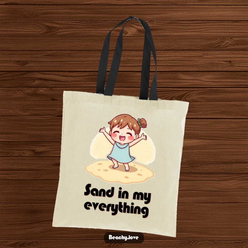 Funny tote bag with a character doing a happy dance on warm beach sand, perfect for carrying essentials with joy.
