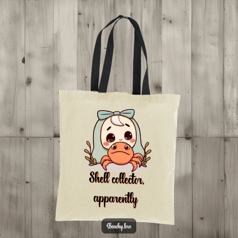 Funny tote bag showing a character surprised by a small, friendly hermit crab, ideal for carrying funny vibes.